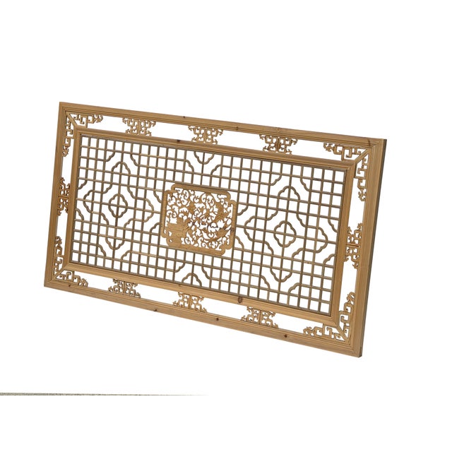Tan 58" Chinese Rectangular Flower Birds Geometric Wood Wall Panel For Sale - Image 8 of 11