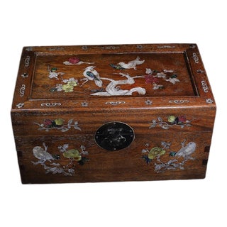 Vintage Chinese Huali Rosewood Treasure Box | Mother-of-Pearl Inlaid Bird & Flower Motif For Sale