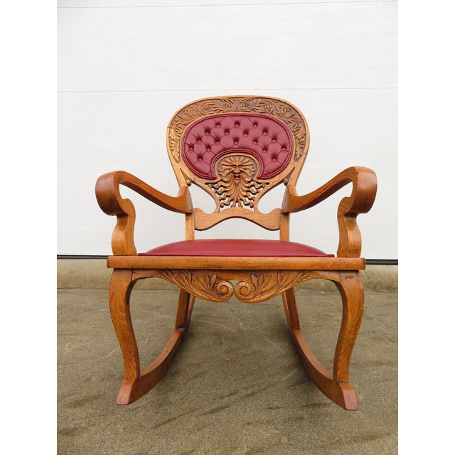 Antique Carved Oak Green Man Rocking Chair in Red Tufted Leather ~ Northwind Face For Sale - Image 4 of 17
