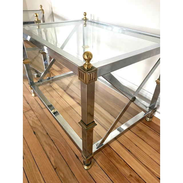 1970s Maison Jansen style chrome/brass/glass side tables; set of two. Excellent condition.