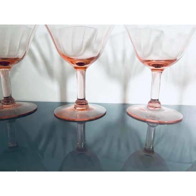 Vintage Set of 4 Pink or Blush Depression Glass Optic Etched Swirl with Stem Sherbet , Champagne or Cocktail Glasses 4.3”H...