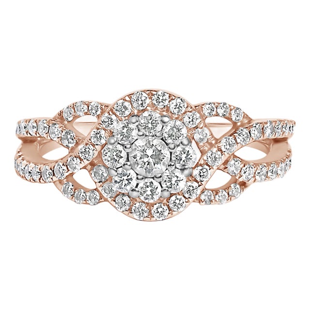 10K Rose Gold 3/4 Cttw Diamond Floral Cluster Head and Twisted Shank Cocktail Ring (H-I Color, SI1-SI2 Clarity) - Size 8 For Sale