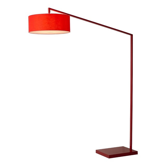 Stretch Arc Floor Lamp, Red Finish, Rectangular Marble Base, Dimmer Switch For Sale