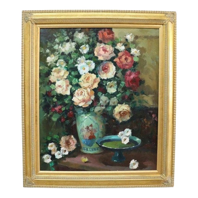 Vintage Oil on Canvas Floral Still Life Painting of Garden Roses C1960 For Sale