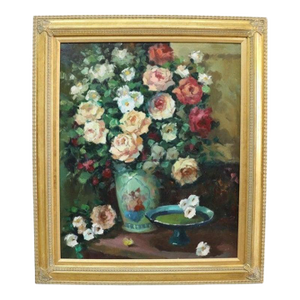 Vintage Oil on Canvas Floral Still Life Painting of Garden Roses C1960