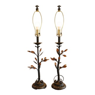 Vintage Table Lamps With a Sculptural Tree Branch Motif Featuring Delicate, Amber Glass Leaves. Crafted in an Organic - a Pair For Sale
