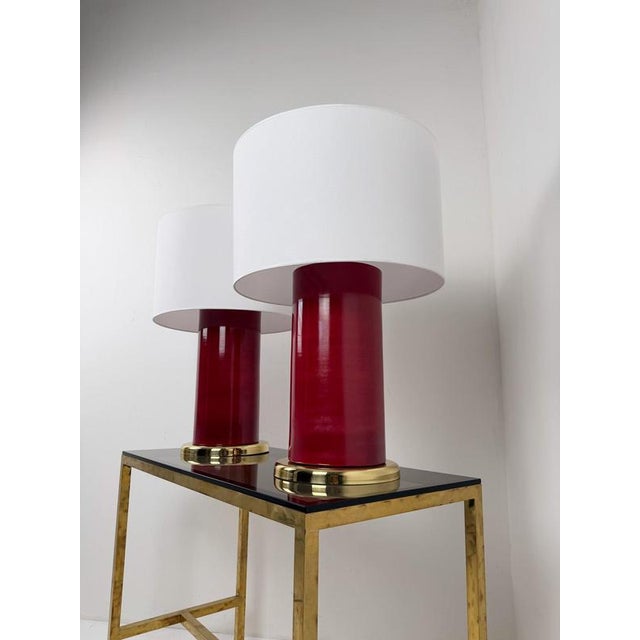 Italian Ruby Red Glazed Ceramic and Brass Twin Table Lamps, 1970s, Set of 2 For Sale - Image 10 of 18