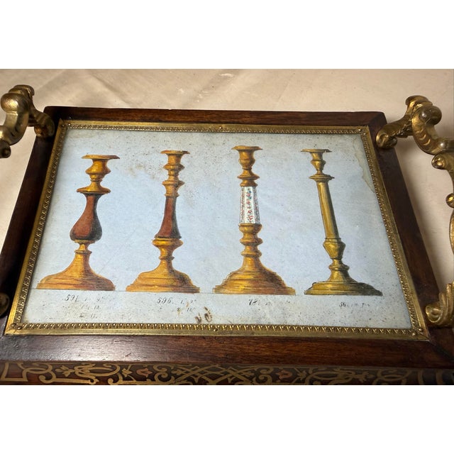 19th Century Antique 19th Century French Boulle Wood Brass Original Watercolor Vanity Tray For Sale - Image 5 of 14