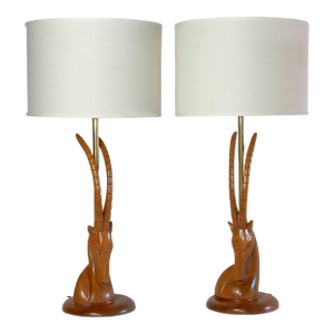 Exotic Artisan Sculpted Wood Ibex Bust Table Lamps