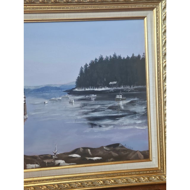 Blue Winter Harbor Snow Scene Original Painting on Canvas, Signed Allen – Framed Coastal Landscape 29½" X 24" For Sale - Image 8 of 9
