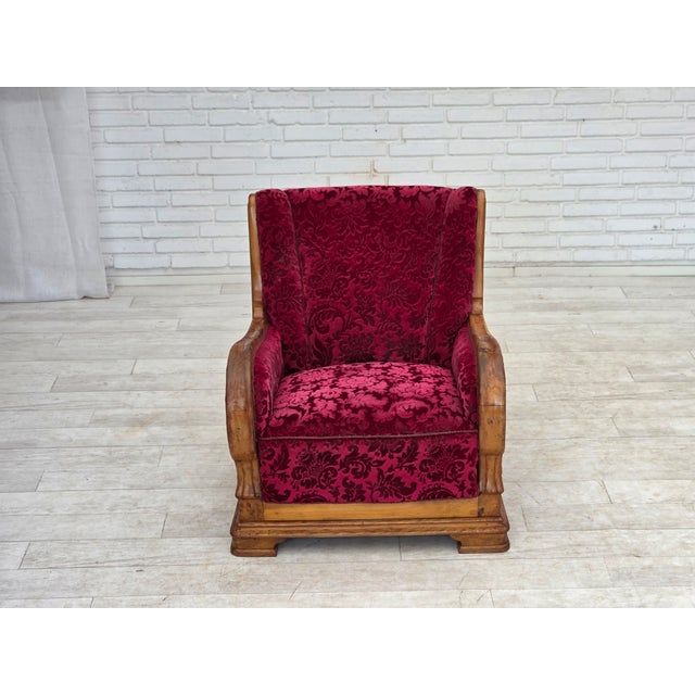 Wood Danish Relax Armchair in Red Furniture Velour and Oak Wood, 1950s For Sale - Image 7 of 18