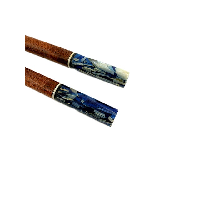 Asian Modern Vietnamese Wooden Chopsticks for 8 With Blue Mother of Pearl Marbled Tips Decorative Storage Box and Coordinating Rests - 25 pcs For Sale In New York - Image 6 of 11