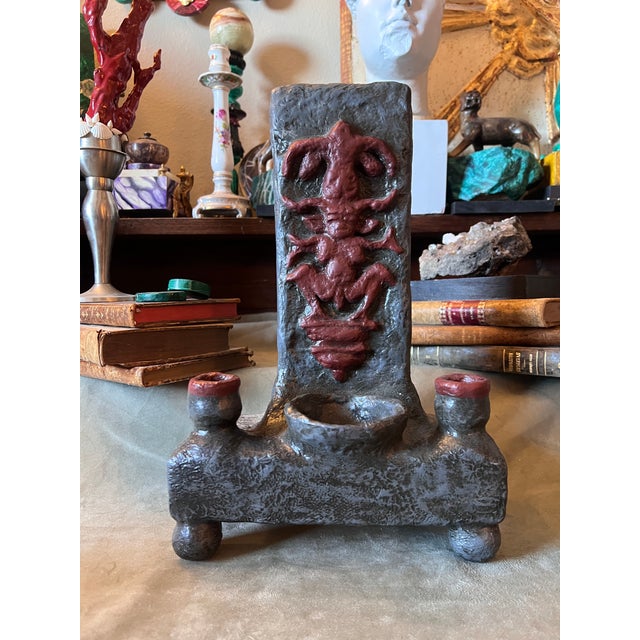 Black Brutalist Ritualistic Pagan Small Altar Totem Piece of Horned Deity With Candle Holders & Chalice For Sale - Image 8 of 10
