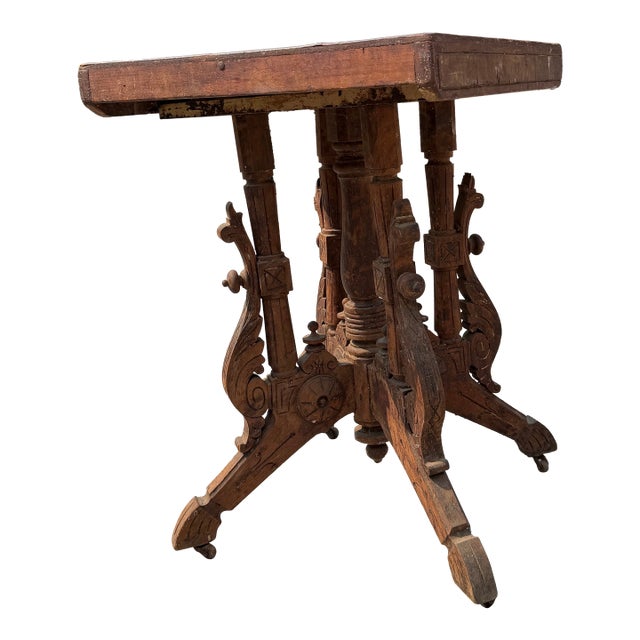 Antique Victorian Barn House Carved Wood Table For Sale