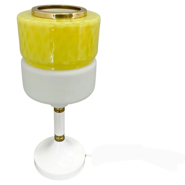 Tall Yellow & White Glass Table Lamp with Brass Details attributed to Drukov, 1970s For Sale - Image 12 of 12