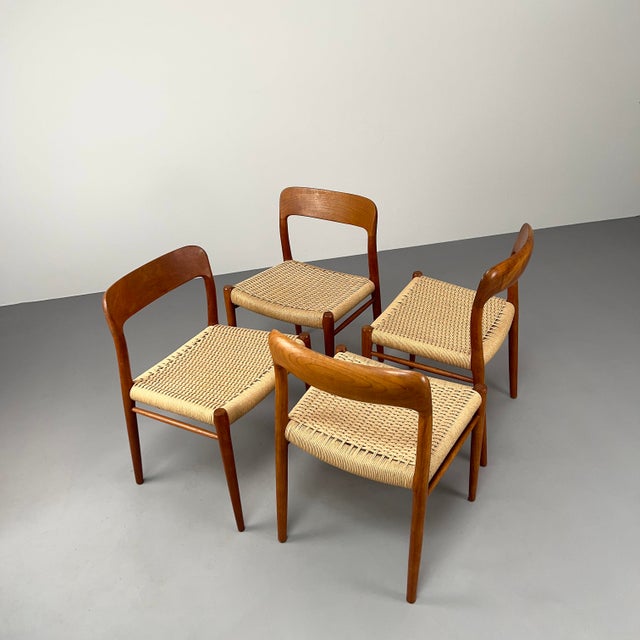 Teak Model 75 Chairs with Paper Cord Weave by Niels Otto Møller for JL Møllers Mobelfabrik, Set of 4 For Sale - Image 15 of 18