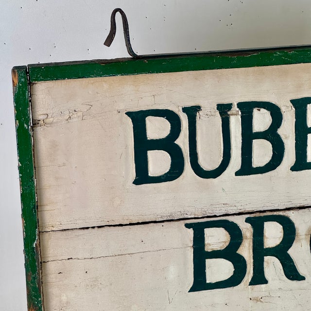 1930s Joyful Double Sided Wooden Trade Sign Advertising "Bubbling Brook Farm" in Green Paint For Sale - Image 4 of 10