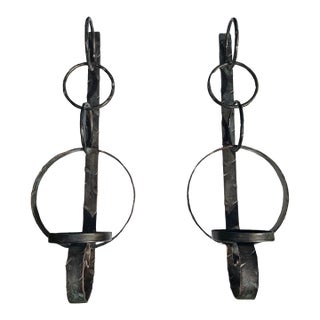 Hand-Forged 25” Metal Wall Candle Sconces With Verdigris Patina, a Pair For Sale