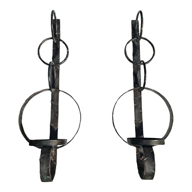 Hand-Forged 25” Metal Wall Candle Sconces With Verdigris Patina, a Pair For Sale