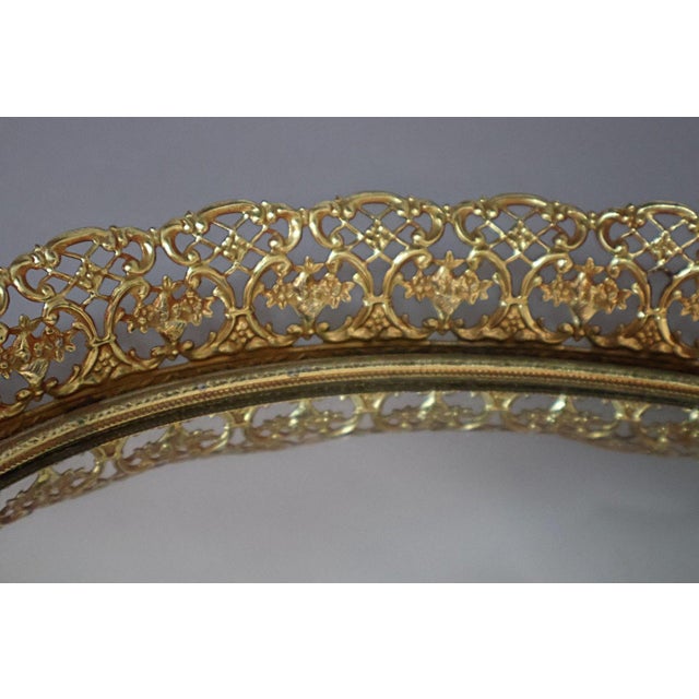 Mid-Century Modern Vintage Hollywood Regency Brass Filigree Oval Mirrored Vanity Tray, C. 1950s For Sale - Image 3 of 5