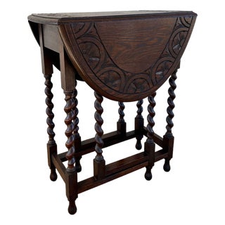 Petite Antique English Side Sofa Table Barley Twist Drop Leaf Gateleg Carved Oak For Sale