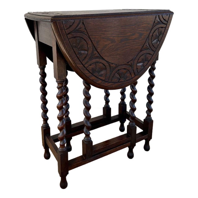 Petite Antique English Side Sofa Table Barley Twist Drop Leaf Gateleg Carved Oak For Sale