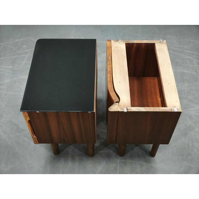 Art Deco Nightstands with Black Opaxit Glass, Czechoslovakia, 1940s, Set of 2 For Sale - Image 3 of 15