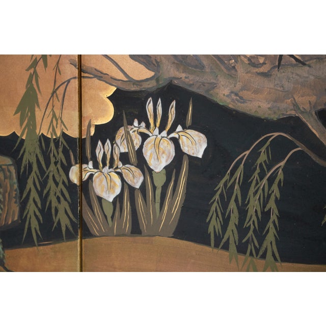 "Willow and White Herons" by Yukiga, 1970s Showa Era Japanese Painted Byobu Screen For Sale - Image 11 of 18