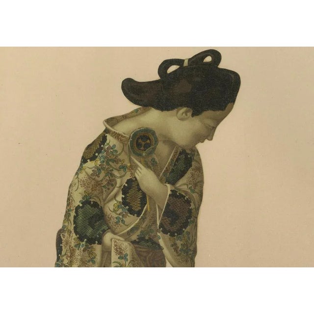 Japanese Woman in Traditional Kimono and Child Figurine, 1884, Lithograph on Paper For Sale - Image 3 of 6