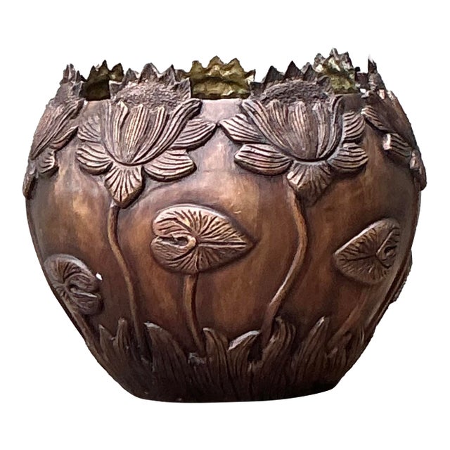 Vintage Patinated Brass Lily Pad Bowl For Sale