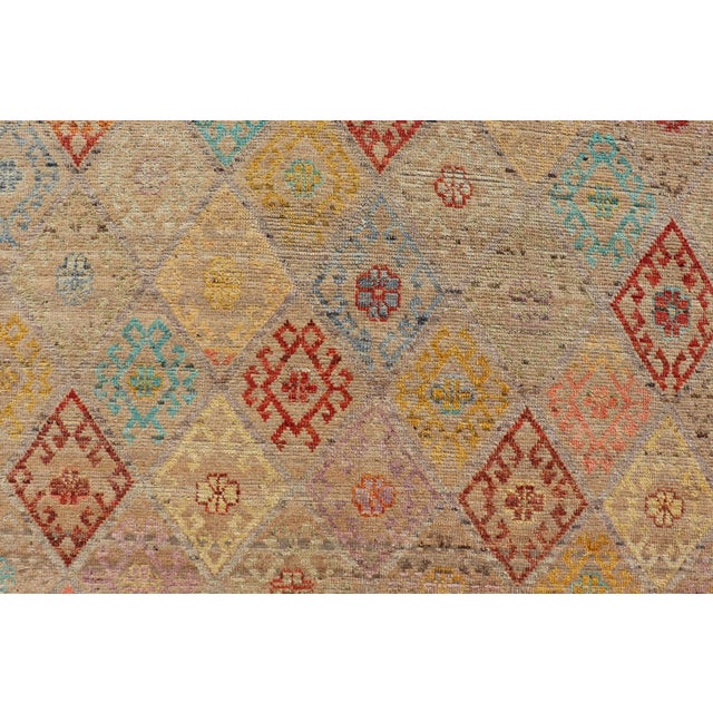 Cream Modern Tribal Rug in Wool With Sub-Geometric Diamond Design in Colors For Sale - Image 8 of 11