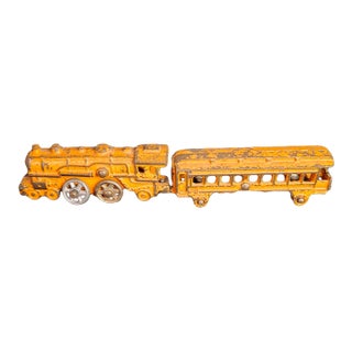 Antique Kilgore Cast Iron Train Set Orange Locomotive Coal Tender Passenger Car For Sale