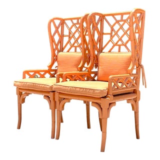 Vintage Regency Fretwork Wingback Rattan Chairs - a Pair For Sale