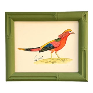 Original Hand-Painted Bird Painting in a Hand-Painted Frame For Sale