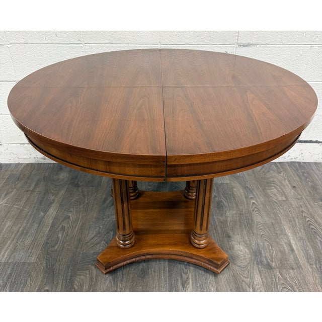 Traditional Vintage Neoclassical Regency Revival Walnut Pedestal Dining Table For Sale - Image 3 of 17
