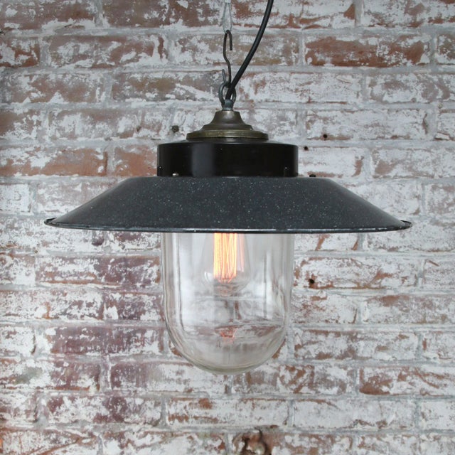Vintage Industrial Bakelite Brass and Glass Pendant Light in Grey Enamel For Sale - Image 4 of 5