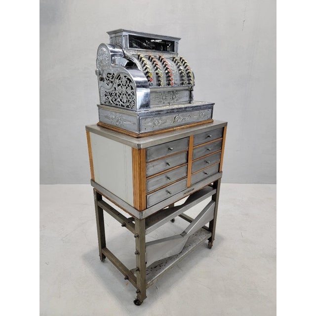 Antique National Cash Register on Custom Antique Industrial Self Standing Cash Drawer Tower Made by National, this...