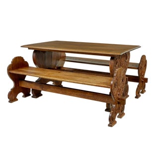 Flemish Carved Oak Green Man Dining Table and Benches, 1890s, Set of 3 For Sale