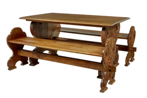 Flemish Carved Oak Green Man Dining Table and Benches, 1890s, Set of 3