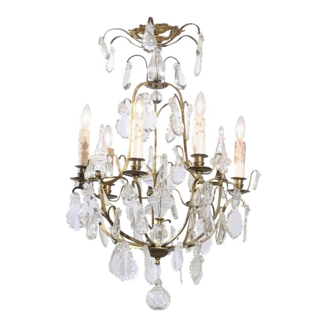 French 19th Century Six-Light Crystal Chandelier with Scrolled Brass Armature For Sale