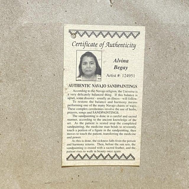 Native American 1960s Authentic Navajo Sandpainting by Alvina Begay — Framed Yeibichai Design, Signed Coa For Sale - Image 3 of 9