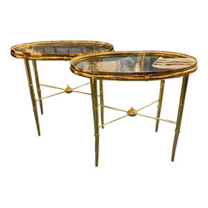 Pair of Jansen Style Brass Bamboo Form and Glass Side Tables