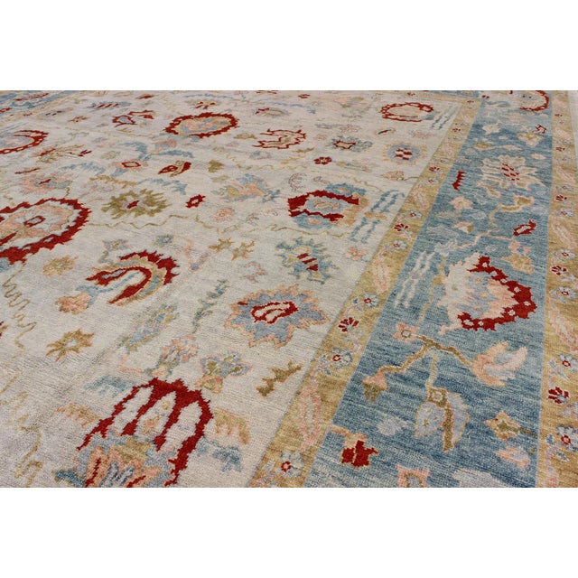 Large Angora Oushak Turkish Rug With All Over Design in Light Blue, Ivory & Red For Sale In Atlanta - Image 6 of 13