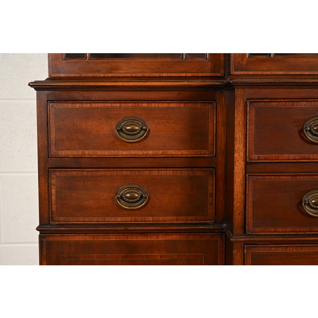 Baker Furniture Style Federal Carved Mahogany Breakfront Bookcase Cabinet With Secretary Desk, Circa 1940s For Sale - Image 9 of 16