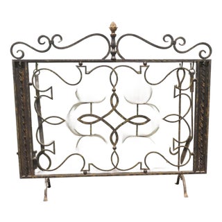 Large Wrought Iron Fire Screen with Fire Irons, 1930, Set of 5 For Sale