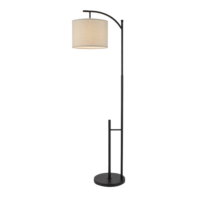 Modern Black Metal Arc Floor Lamp With Linen Drum Shade For Sale