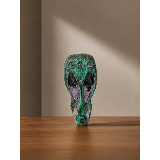 Exceptional French studio ceramic totemic sculpture from the 1970s, presenting a highly sophisticated execution of...