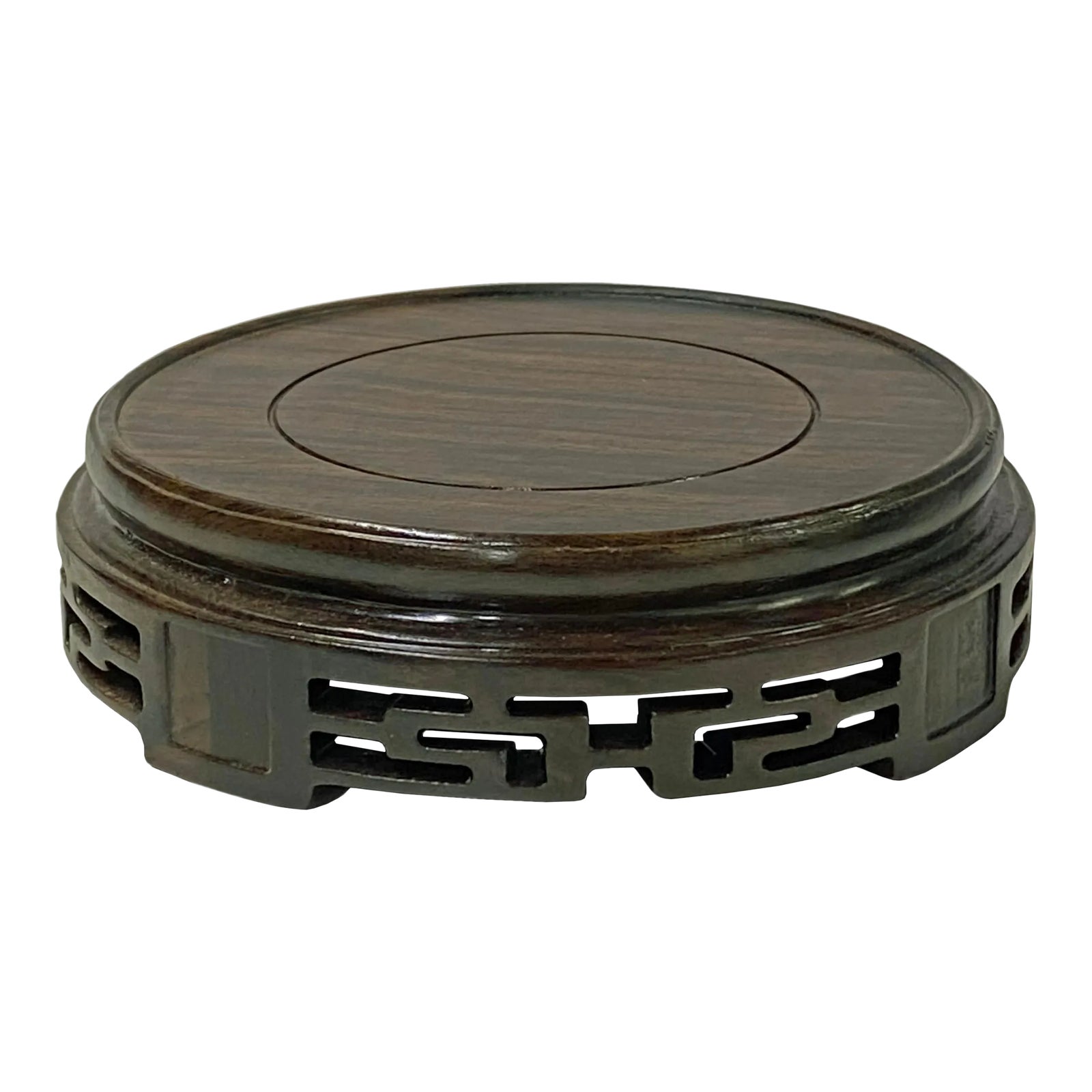 Chinoiserie Geometric Brown Wood Round Table Top Stand Riser Chairish