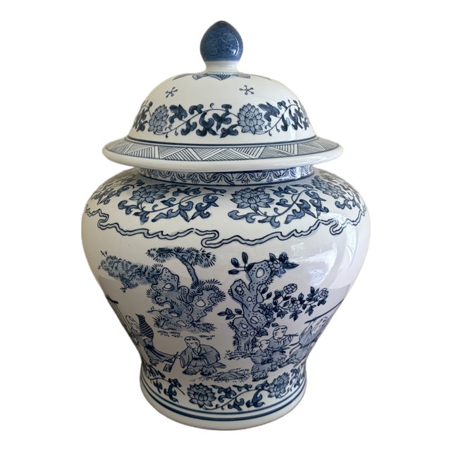 Chinoiserie Large Blue and White Porcelain Covered Jar For Sale
