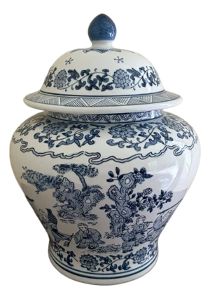Chinoiserie Large Blue and White Porcelain Covered Jar